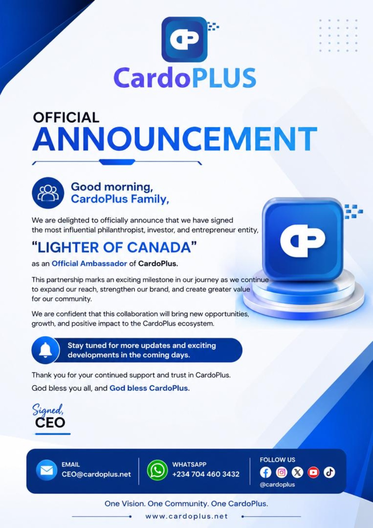 CardoPlus Welcomes LIGHTER OF CANADA as Official Brand Ambassador